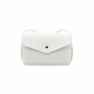 Minimalist white leather crossbody square bag with V-shaped flap and gold cylinder clasp