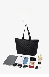 Large capacity black quilted tote bag showcasing ample storage for tablets and cosmetics