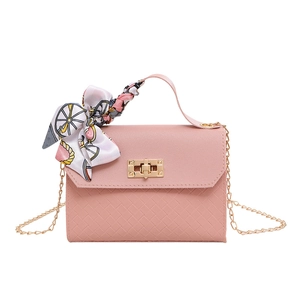 Pink woven leather handbag with printed silk scarf handle and gold chain strap