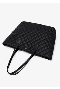 Close-up of black quilted tote bag with diamond lattice pattern and gold button detail