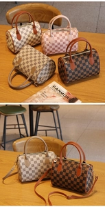 Mini Boston bags in checkerboard pattern with top handles and adjustable shoulder straps