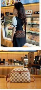 Détail du sac à bandoulière en forme de coquille avec motif damier vintage et bandoulière