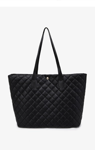 Detail of black quilted tote bag showing diamond stitching and golden snap button