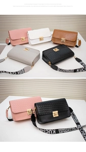Detail showing woven texture flap bags with golden turn-lock in five elegant colors
