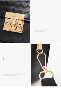 Detail of black woven leather texture and elegant light gold metal hardware on bag