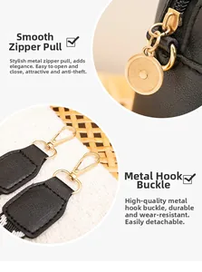 Détails de la fermeture éclair dorée et du crochet amovible sur sac en PU noir