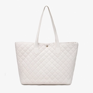 White quilted tote bag with diamond pattern and gold button closure for women