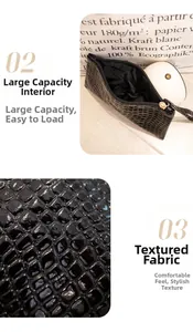 Detail of black crocodile embossed clutch featuring spacious interior and gold zipper