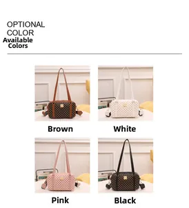 Collage of four vintage geometric print crossbody bags in brown, white, pink and black