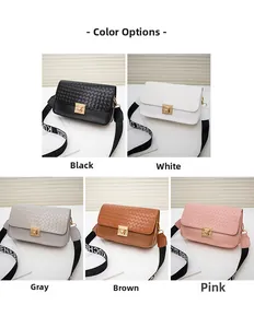 Detailed grid view of woven shoulder bags in five colors with wide patterned straps
