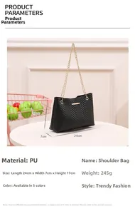 Detailed product parameters of black PU bucket bag with V-shaped embossing and gold chain