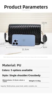 Detailed size specifications for the black woven PU leather crossbody bag with phone size reference