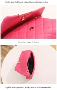 Detail of rose red quilted bag with gold magnetic buckle and adjustable chain strap