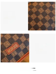 Detalle de cuero a cuadros marrón con relieve HR y el logotipo de Horhe dorado bordado