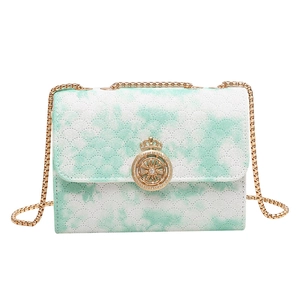 Mint green cloud embroidered chain crossbody bag with golden crown lock for women