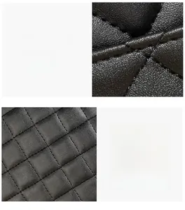 Macro shot of precise stitching on black quilted leather of a shell crossbody bag