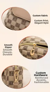 Detail of monogram fabric, smooth zipper, and golden hardware on crossbody shell bag