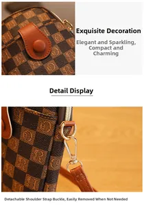 Detail of vintage checkerboard mini bag with brown leather flap and gold zipper buckle