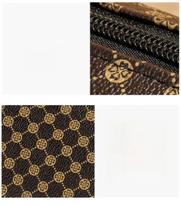Macro detail of quilted brown faux leather cylinder bag with clover pattern and sturdy zipper