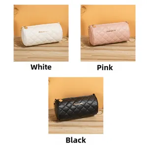 Three variants of cylinder crossbody bags with quilted pattern and gold chain straps