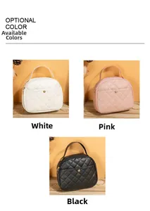 Detail of quilted leather mini bags with gold chains in white, pink, and black colors