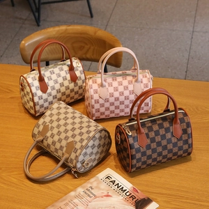 Women Retro PU Leather Boston Handbag Checkered Letter Print Large Capacity Shoulder Crossbody Bag Fashion