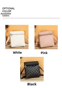 Three-color diamond quilted shoulder bags in white, pink and black with golden zippers