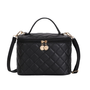 Elegant black quilted handbag with golden dual zippers and versatile crossbody strap