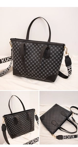 Detail of geometric pattern tote bag with adjustable jacquard strap and gold hardware