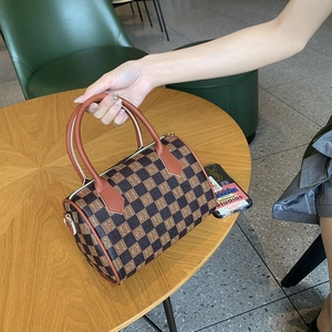 Vintage brown checkered Boston handbag with HOR letter print and leather handles