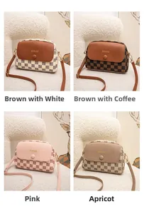 Four elegant checkered crossbody bags in brown, pink, and apricot with metal logos