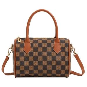Vintage checkered Boston handbag with monogram print and adjustable strap in a frontal view