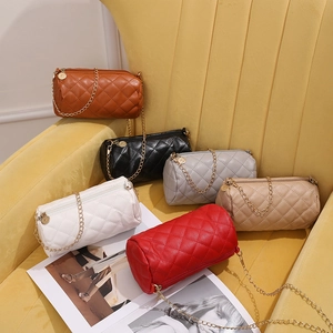 Women Quilted PU Leather Cylinder Bag Solid Color Barrel Shoulder Crossbody Purse With Gold Chain Strap Fashion Elegant