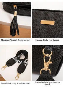 Details einer Web-Umhängetasche mit goldener Hardware, Quasten-Zipper und breitem Gurt