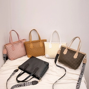 Women Tote Bag PU Leather Large Capacity Geometric Print Wide Fabric Strap Retro Fashion Trendy Commuter Versatile Handbag