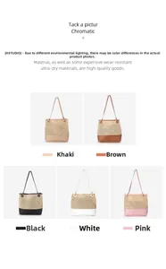 Detailed grid showing woven tote bags in khaki, brown, black, white, and pink options