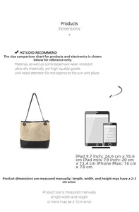 Detailed size chart showing dimensions of the woven tote bag compared to an iPad and iPhone