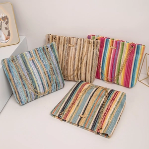 Women Rainbow Striped Straw Woven Shoulder Bag Summer Beach Vacation Boho Tote With Gold Chain Strap