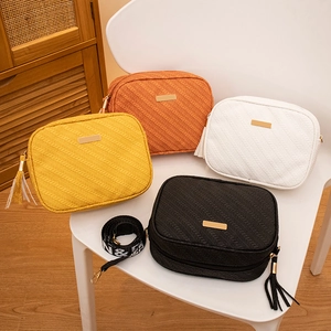 Women PU Leather Embossed Camera Bag With Tassel Alphabet Wide Strap Fashion Casual Small Crossbody Square Bag For Daily