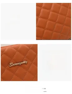 Detail of brown quilted leather texture and premium gold metal logo on shoulder bag