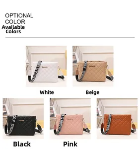 Quilted crossbody camera bags in multiple colors featuring wide logo-print straps