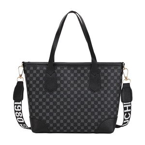 Large capacity black vintage tote bag with floral print and wide lettered shoulder strap