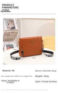 Detail view of brown quilted PU shoulder bag with lettered strap and size dimensions