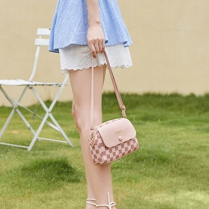 Pink plaid shell crossbody bag with adjustable strap and metal hardware for women