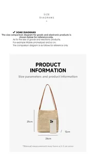Comparaison de taille du sac seau en paille avec un téléphone affichant 25cm de hauteur