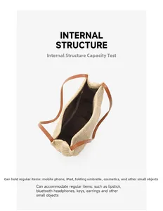 Vue détaillée de l'intérieur du sac cabas en paille avec poche zippée et grand volume