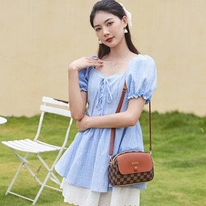 Brown vintage shell crossbody bag with checkerboard pattern worn with blue dress