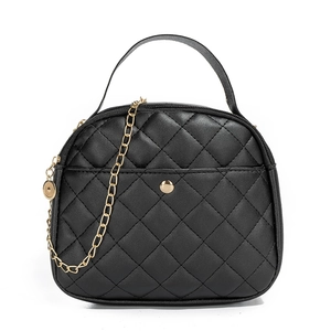 Black quilted semi-circular crossbody bag with gold chain strap and top handle
