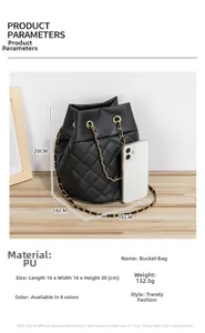 Paramètres de taille détaillés du sac seau en cuir PU matelassé avec bandoulière