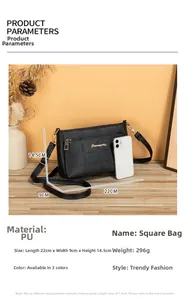 Detailed dimensions of black embossed PU shoulder bag with S logo and adjustable strap